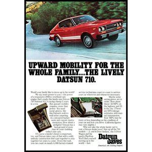 1976 Datsun 710 Red 2 Door Couple Vintage Print Ad Nissan Classic Car Wall Art